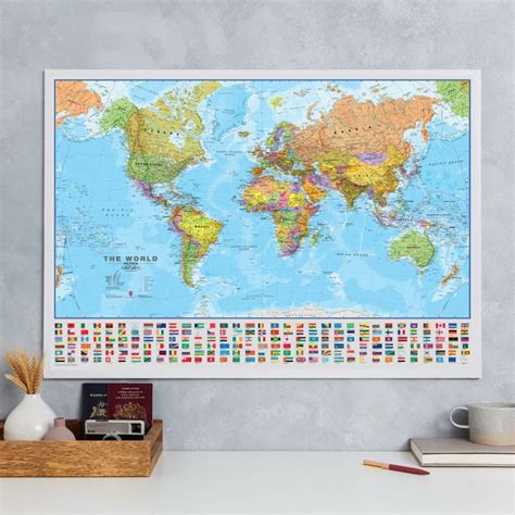 Medium World Wall Map Political With Flags Laminated