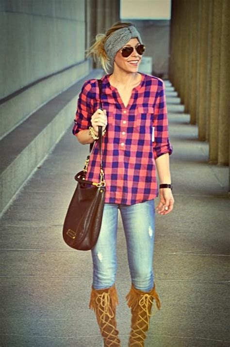 plaid shirt and jeans with fringe boots fashion clothes fall winter outfits