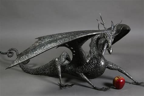 Black Metal Dragon Sculpture With Wings