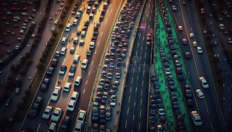 Aerial View Of A Major Highway During Rush Hour Traffic Bird S Eye