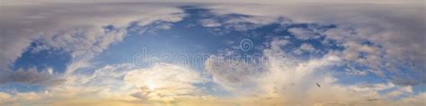 Dark Blue Sunset Sky Panorama With Golden Cumulus Clouds Seamless Hdr