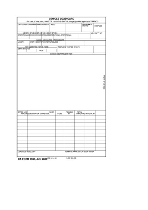 Fillable Vehicle Load Card Da Form 7598 Printable Pdf Download
