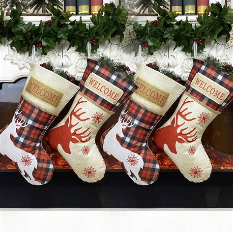 4 pcs large christmas stocking 18 inches classic reindeer xmas stockings plaid stocking