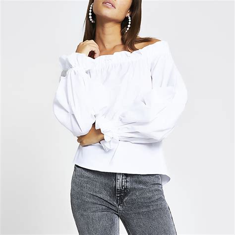 White Long Ruched Sleeve Bardot Top River Island