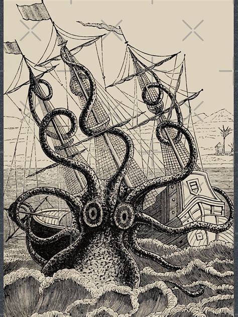 Vintage Kraken Attacking Ship Illustration T Shirt By Monsterplanet