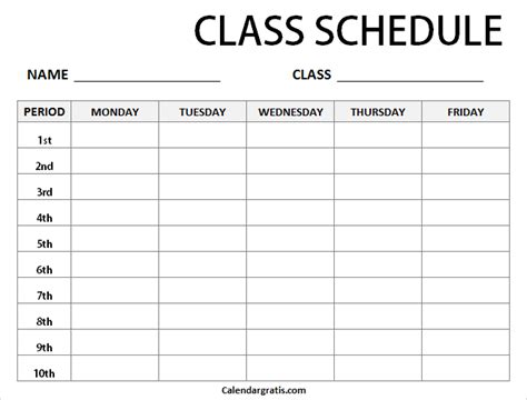 Weekly Class Schedule Template For School And College Students School