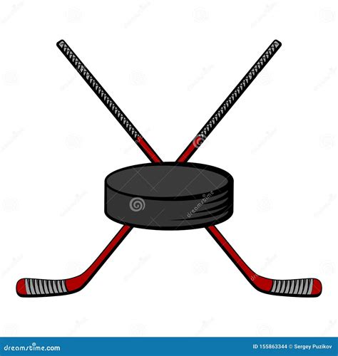 Crossed Red Hockey Sticks And Puck Vector Cartoon Illustration