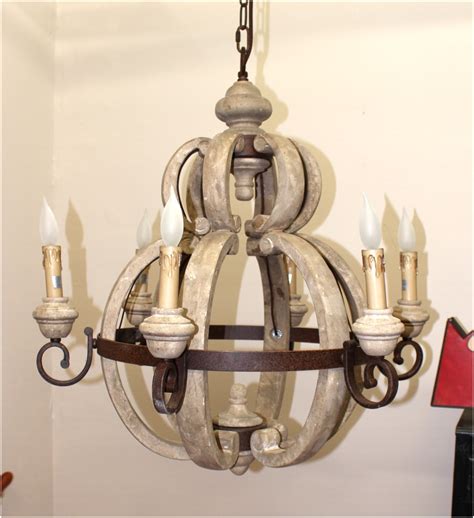 Aged French Country Cottage Style Large Round Wood Chandelier Light