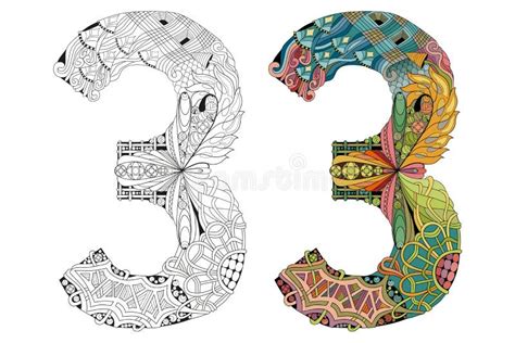 Number Three Zentangle For Coloring Vector Decorative Object Stock