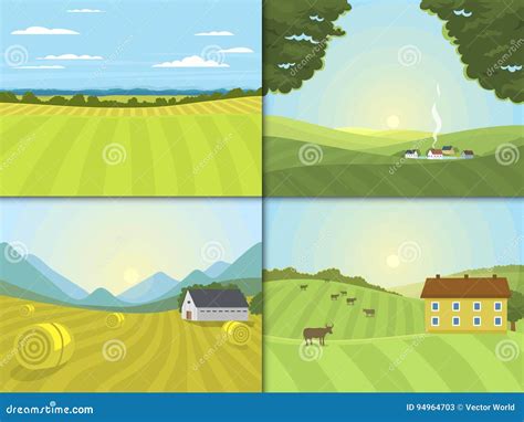 Village Landscapes Vector Illustration Farm Field And Houses