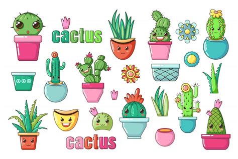 Cute Lovely Kawaii House Plants Flowers Cactus With Kawaii Faces In