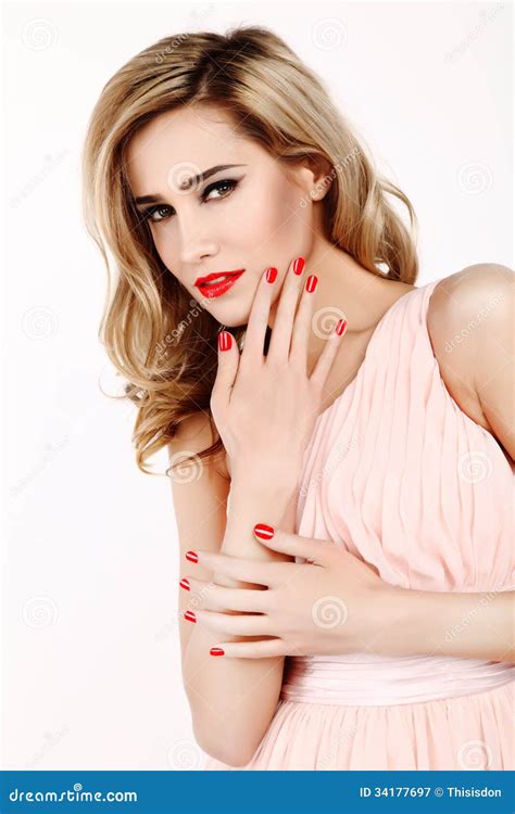 Attractive Woman With Red Nails And Lips Stock Image Image Of Face