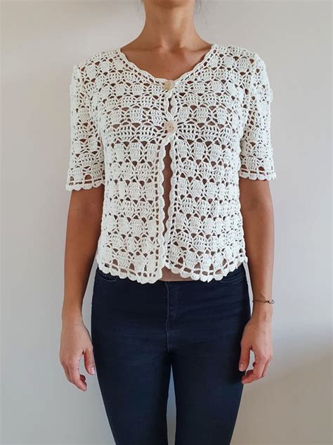 Crochet Short Sleeve White Cardigan For Women Summer Cotton Etsy