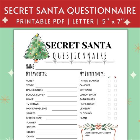 Printable Secret Santa Questionnaire For Christmas T Exchange