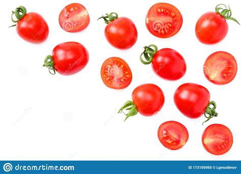 Fresh Tomato With Slices Isolated On White Background Top View Stock