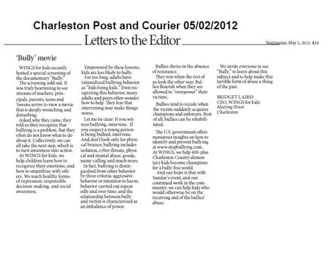 Letter to the editor is formal document. WINGS CEO, Bridget Laird's Post & Courier letter to the editor re: the film 'Bully' (With images ...