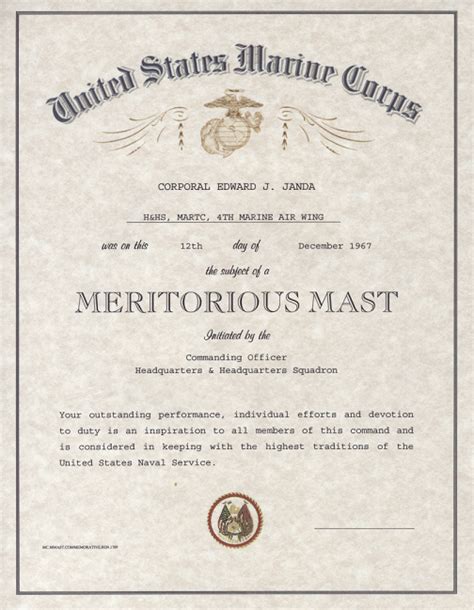 Usmc Meritorious Mast Certificate