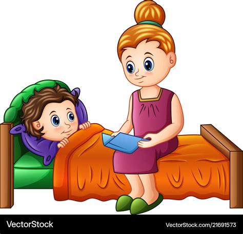 Cartoon Mother Reading Bedtime Story To Her Son Be