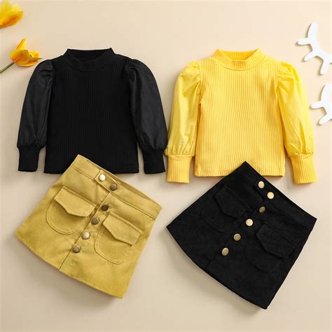 Fashion Children Girls Autumn Clothing Sets Solid Color Puff Sleeve