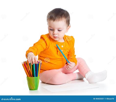 Cute Kid Drawing With Colourful Pencils Stock Image Image Of Drawing