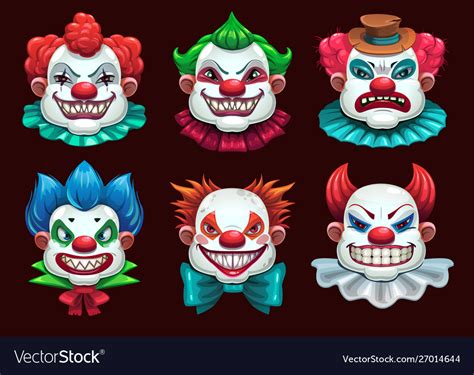 Creepy Clown Faces Set Scary Circus Concept Vector Image
