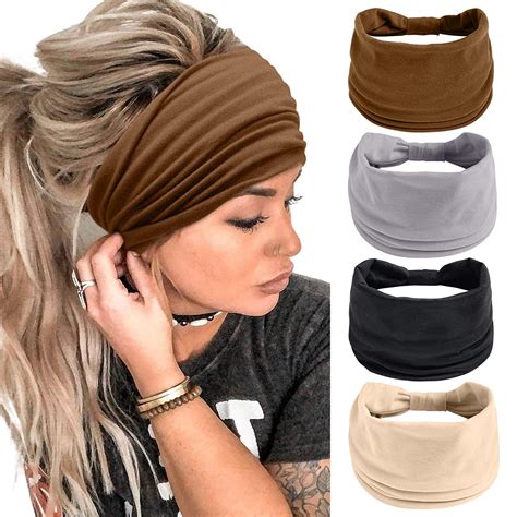 4 Pack Wide Headbands For Women Black Stylish Head Wraps Boho Thick