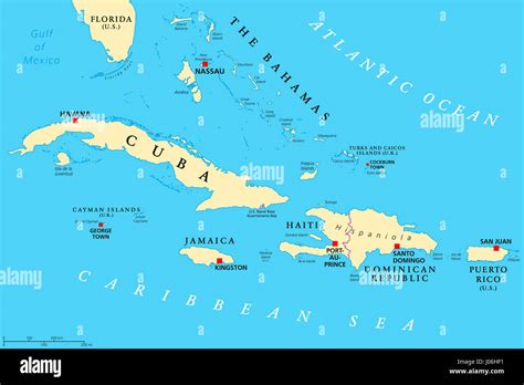 Greater Antilles Political Map Caribbean Cuba Jamaica Haiti Stock