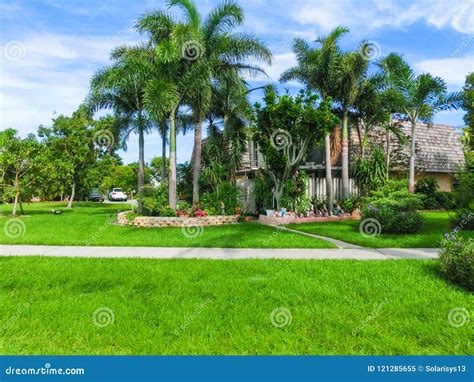 Typical Florida Home In The Countryside With Palm Trees Tropical