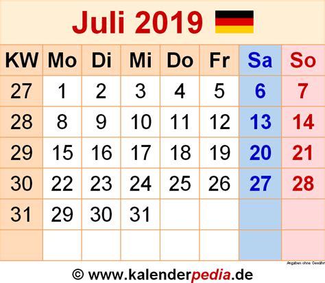 Kalender Juli 2019 Als Pdf Vorlagen
