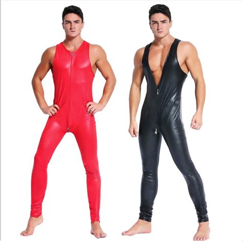 New Arrivals Pu Leather Men Sexy Bodysuit Faux Latex Male Erotic Jumpsuit Club Stage Costume
