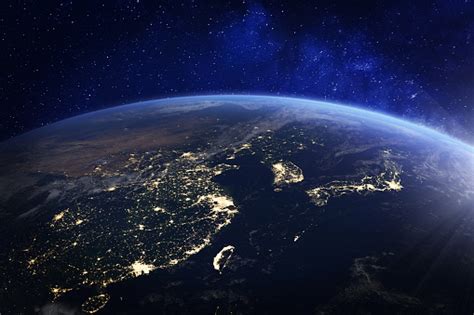 Asia At Night From Space With City Lights Showing Human Activity In