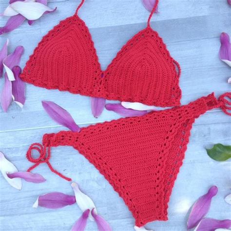 Red Crochet Triangle Bikini Bikini Set Bottom And Top Etsy Pattern On