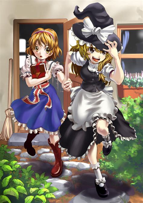 safebooru alice margatroid blonde hair book boots brown eyes hairband hat kirisame marisa