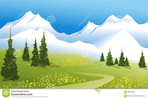 Mountain Landscape With Green Meadow Stock Vector Illustration Of