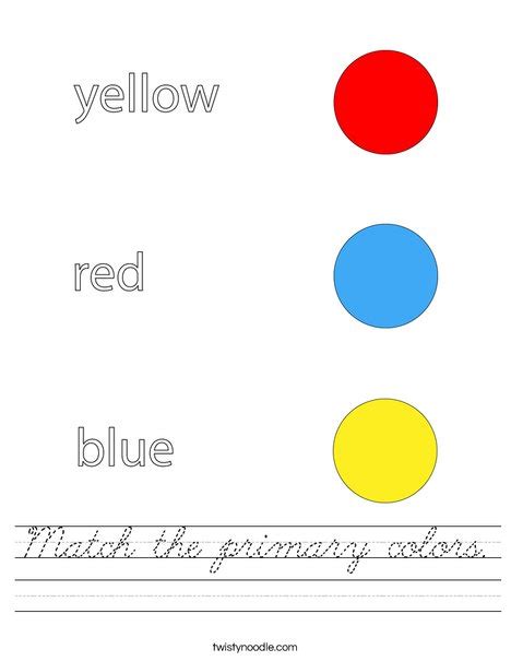 Match The Primary Colors Worksheet Cursive Twisty Noodle