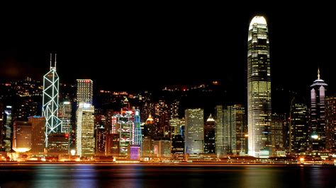 High Raise Buildings Skyline Night Victoria Harbour Hong Kong Hd