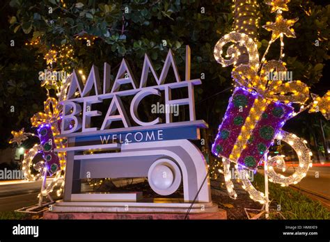 Christmas Decorations On Welcome Sign Miami Beach Florida Usa Stock