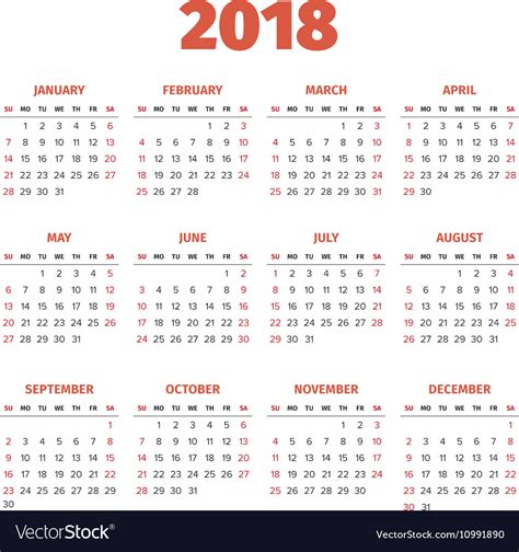 Simple 2018 Year Calendar Royalty Free Vector Image
