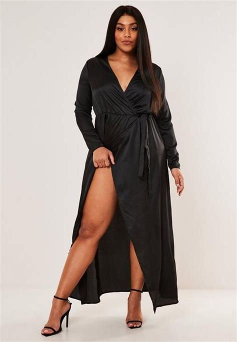 Plus Size Black Satin Wrap Maxi Dress Maxi Wrap Dress Kimono Maxi