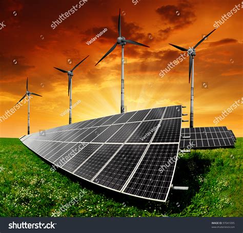 Solar Panels Wind Turbine Setting Sun Stock Photo Edit Now 97041095