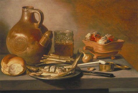 Still Life With Herring Wine And Bread Pieter Claesz