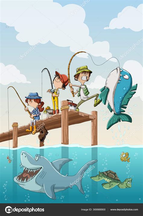 Cartoon Children Fishing Wooden Pier Kids Catching Big Fish Shark Stock