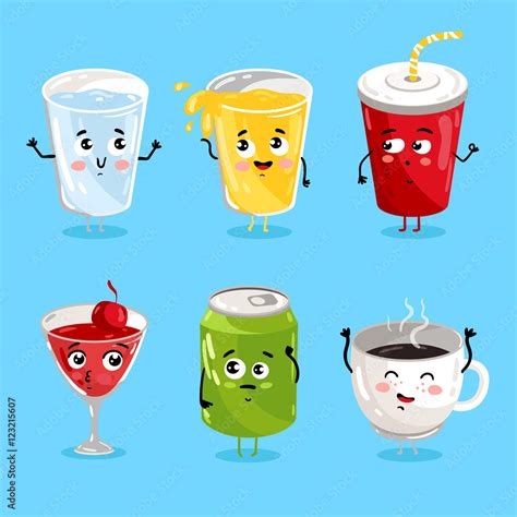 Cartoon Funny Drink Characters Isolated Vector Illustration Funny