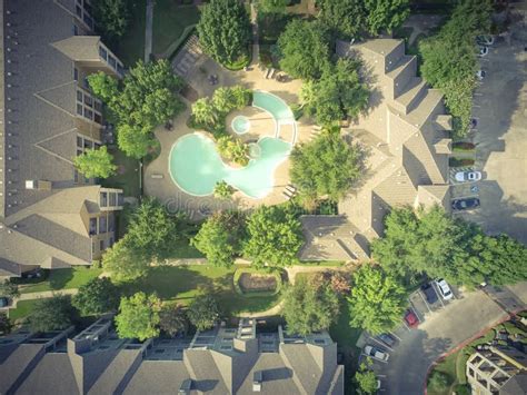 Aerial View Multi Level Apartment Building Complex Swimming Pool Stock