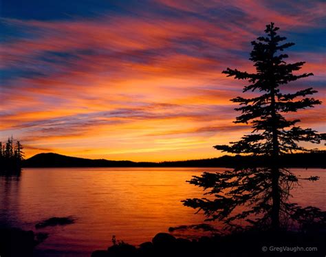 Great Sunset Picture Over Lake With Orange Blue Purple Hues And Tree In