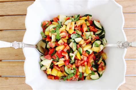 Heirloom Tomato Basil And Peach Salad With Cucumber And Peppers