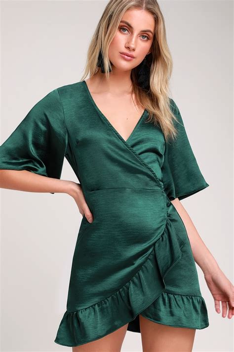 Flirty Dark Green Dress Satin Mini Dress Satin Wrap Dress Lulus
