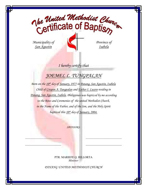 Umc Baptism Certificate
