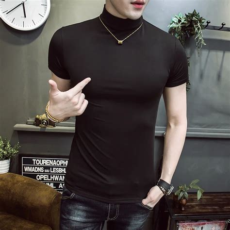 2018 New Arrival Fashion Casual Solid Color Short Sleeve Turtleneck Slim All Match Men T Shirt