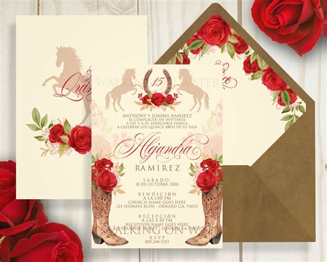 Red Charro Invitation Mexican Western Invitation Red Roses Quince